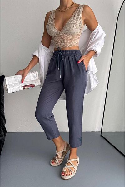 bb butik basic Pantaloni morcovi din muselină de in B8871