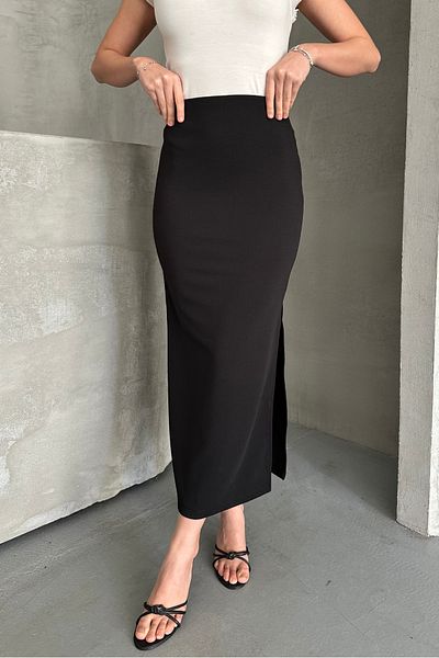 macharelbasic Fusta creion neagră cu detaliu cu fantă laterală și închidere cu fermoar elastic