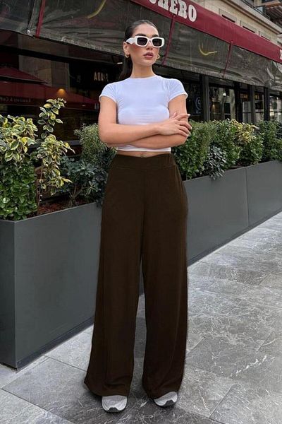 Madmext Brown High Waist Relaxed Cut Wide Leg Women's Pants Mg2309