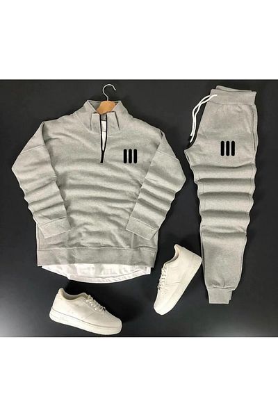 ALCİNOUS Unisex Three Line Printed Half Zipper Sweatshirt-Sweatpants Set Combination