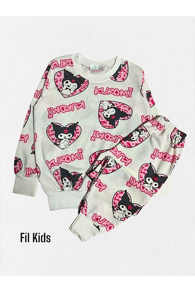 Fil Kids Girl's 100% Cotton White Pink Kuromi Patterned Long Sleeve Seasonal Pajama Set