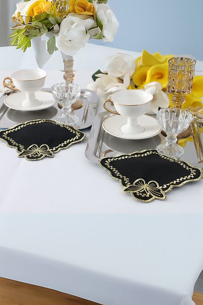PLT Design Set de 6 șervețele de prezentare pentru cocktail, din in negru, cu model de fluturi aurii