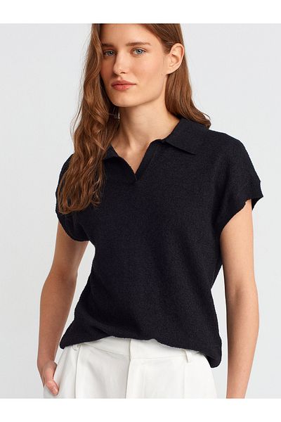 Dilvin 10723 Bluză tricotată cu textura subțire cu gât polo-negru