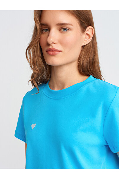 Dilvin 30584 Crew Neck Cotton T-Shirt-Turquoise