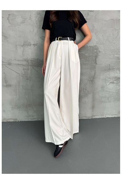 Elif Özbey Butik White Waisted Pleated Belted Palazzo Trousers