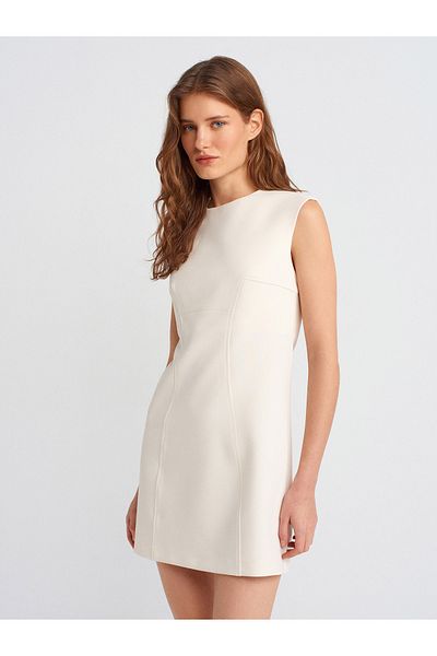 Dilvin 90908 Stitched Mini Dress-Ecru