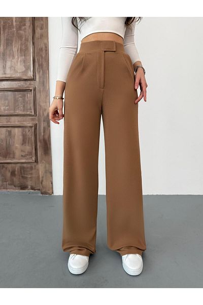 BİKELİFE Hellbraune Palazzo-Hose mit weitem Bein und Klettverschluss aus Lycra für Damen