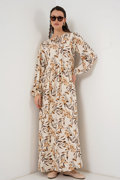 Bigdart 1947 Desenli Uzun Elbise - Bej