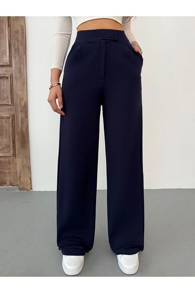 BİKELİFE Women's Navy Blue Lycra Velcro Closure Palazzo Wide Leg Trousers