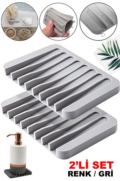 Trendburada Gray Silicone Organizer with Water Drain - Kitchen, Bathroom, Solid Soap Dish and Dish Sponge Holder