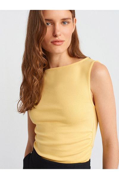 Dilvin 31589 Μαζευμένο Boat Neck Top-Yellow