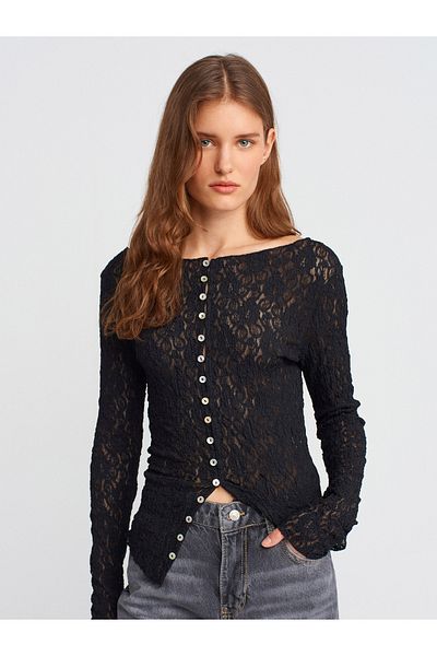 Dilvin 31648 Boat Neck Button Lace Cardigan-Black