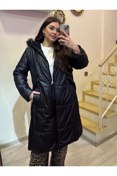 ROSSA Plus Size Furry Hooded Puffer Long Coat