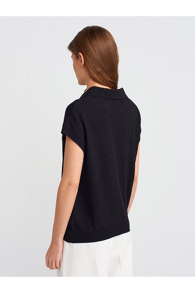 Dilvin 10723 Bluză tricotată cu textura subțire cu gât polo-negru