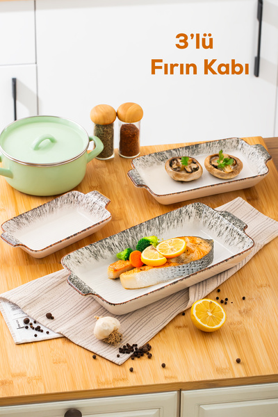 Porsima Rectangular 3-Piece Oven Dish - Serving Dish - Presentation Tray and Black Black Plate