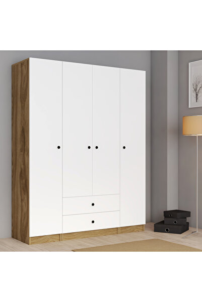 FERNISO Mobilya 4 Kapak 2 Çekmeceli Beyaz Gardrop Ud-Beyaz