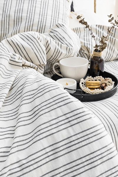 Vionel Home Σετ Παπλωματοθήκη Τοσκάνης 100% Βαμβακερό Διπλό Ριγέ Φυσικό Γκρι