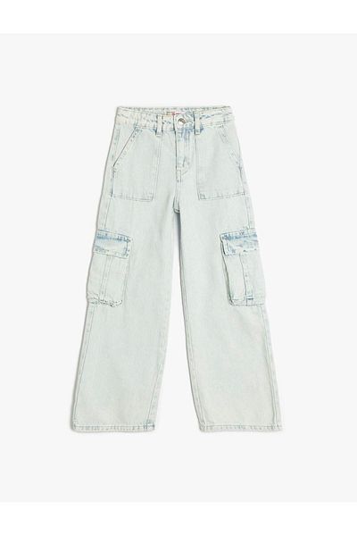 Koton Pantaloni de jeans pentru fete, cu buzunare late, cargo, deschis, indigo 5skg40058ad