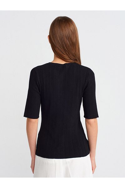 Dilvin 10731 Crew Neck Ribbed Buttoned Slim Knitwear Blouse-Black