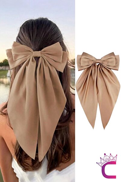 Cinderella Κομψός γυναικείος μεγάλος μπεζ σατέν φιόγκος - Κλιπ μαλλιών με αυτόματη κορδέλα και κλιπ