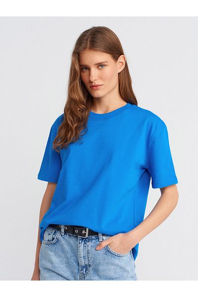 Dilvin Decorative Stitched Crew Neck T-Shirt-Sax