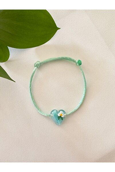 Atelier Çağla Şeffaf Murano Cam Papatya Kalp Mint Yeşil Bileklik