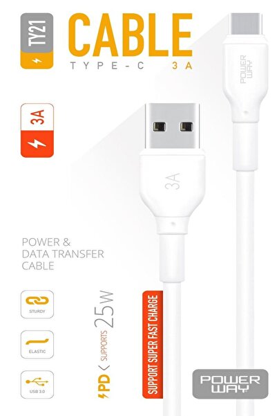 Cable ⚡ Powerway TY21 Type-C Şarj ve Data Kablosu – 3A PD 25W Hızlı Şarj Dest...