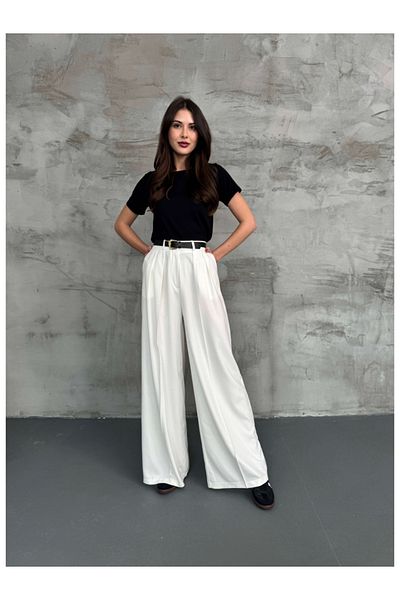 Elif Özbey Butik White Waisted Pleated Belted Palazzo Trousers