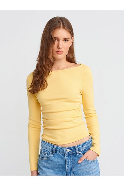 Dilvin 31401 Μαζευμένο Boat Neck Top-Yellow
