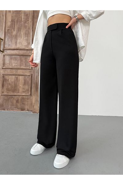 BİKELİFE Women's Black Lycra Velcro Closure Palazzo Wide Leg Trousers