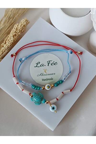 La fee aksesuar مجموعة من 2 سوار للقدم مزين بحبل وحجر السلحفاة الطبيعي وخرزة ...