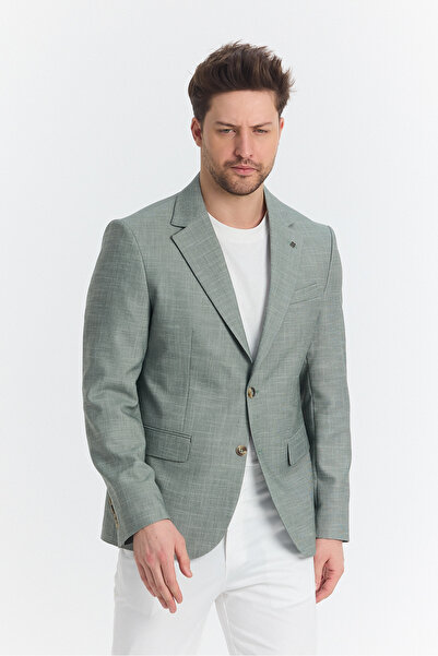 Frappoli Tacues Men's Green Half Lined Flap Pocket Linen Blended Spring-Summer Sports Blazer Jacket