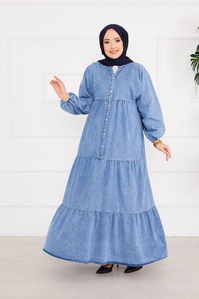 EBRUTESETTÜR Half Button Gathered Hijab Denim Dress