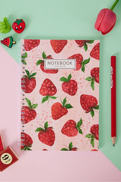 Copyder Pink Strawberry Printed Spiral A5 Unlined 100 Sheets School Notebook