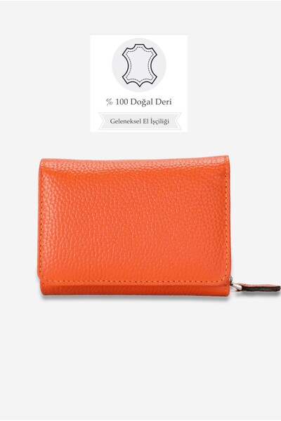 TUNAELLİ KADIN TURUNCU HAKİKİ DERİ BOL KARTLIKLI  BOZUK PARA GÖZLÜ CÜZDAN