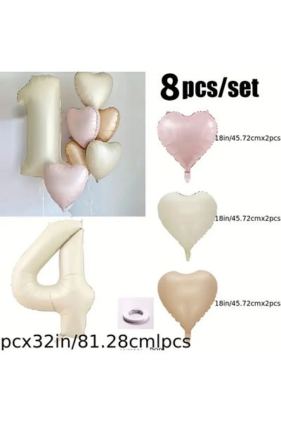 Çemrek Süs Parti Beige Number Foil Balloon Pink Beige Caramel Heart Foil Balloon Set 8 Pieces