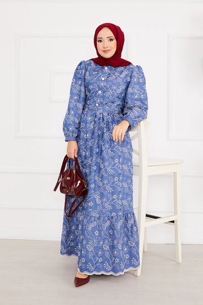 EBRUTESETTÜR Embroidered Hijab Denim Dress Blue