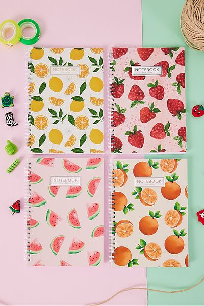 Copyder 4 Pack Fruit Printed Spiral A5 Unlined 100 Sheets School Notebooks