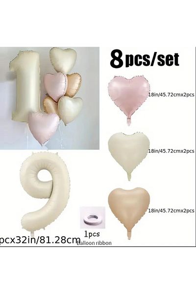 Çemrek Süs Parti Beige Number Foil Balloon Pink Beige Caramel Heart Foil Balloon Set 8 Pieces