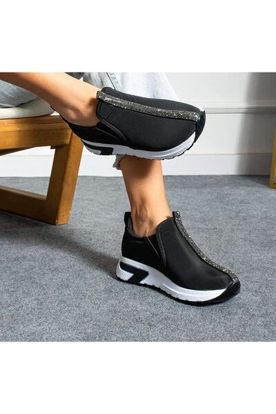 LABRONA Kadın Spor Ayakkabı Sneaker Lastik Detaylı Taşlı Siyah Renkli Paraşüt...