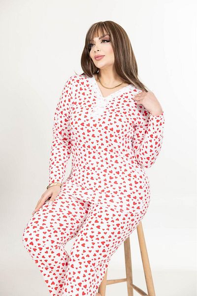 MEBA Women's White Red Heart Large Size Collar Buttoned Long Sleeve Combed Cotton Mother Pajama Set