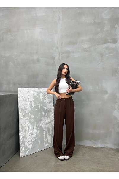 Stil Sepeti Kadın Kahve Yüksek Bel Pileli Palazzo Kumaş Pantolon DRL-100078236