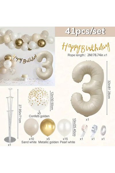 Çemrek Süs Parti Beige Number Foil Balloon Transparent Gold Sequin Gold Chrome White Retro White Balloon Chain Set 40 Pieces