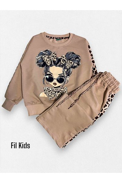 Fil Kids Κοριτσίστικο μακρυμάνικο Leopard Esfenyan Σετ - Βαμβακερό Γάλα Καφέ Χρώμα 100%