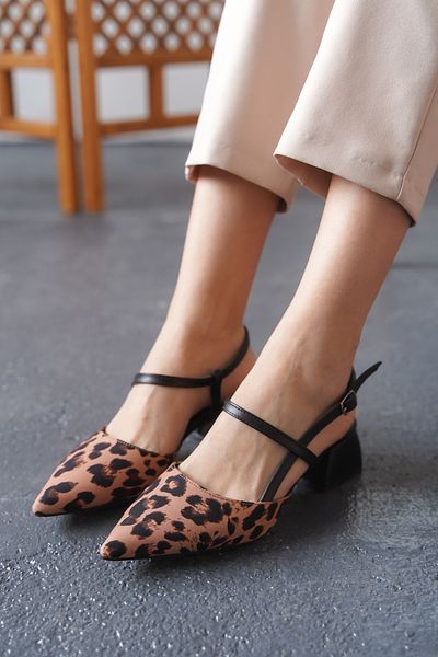 Lizzu Gelastato Women's Shoes - Black Tan Leopard Design Back Open Short Heels
