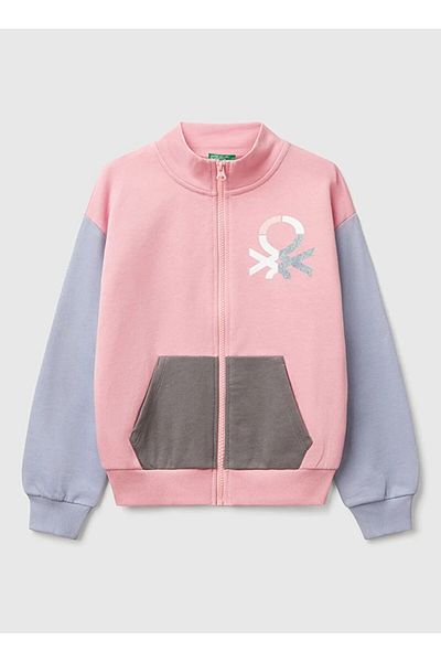 United Colors of Benetton Girl's Pink Mix Glitter Benetton Logo Embroidered Zipper Sweatshirt