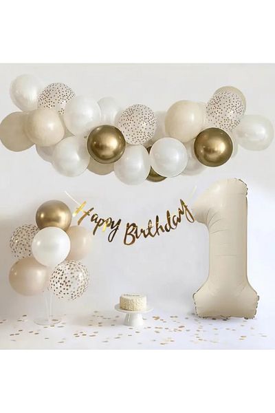 Çemrek Süs Parti Beige Number Foil Balloon Transparent Gold Sequin Gold Chrome White Retro White Balloon Chain Set 40 Pieces