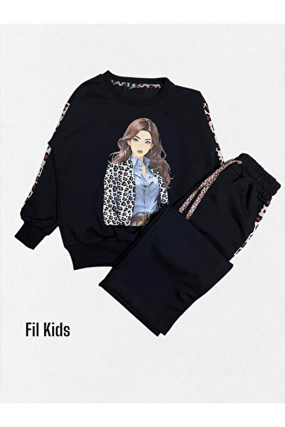 Fil Kids Κοριτσίστικο 100% βαμβακερό μαύρο λεοπάρ μοτίβο μακρυμάνικο φαρδύ πό...