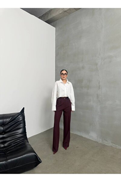 Stil Sepeti Dámske bordové skladané nohavice Palazzo Fabric s vysokým pásom