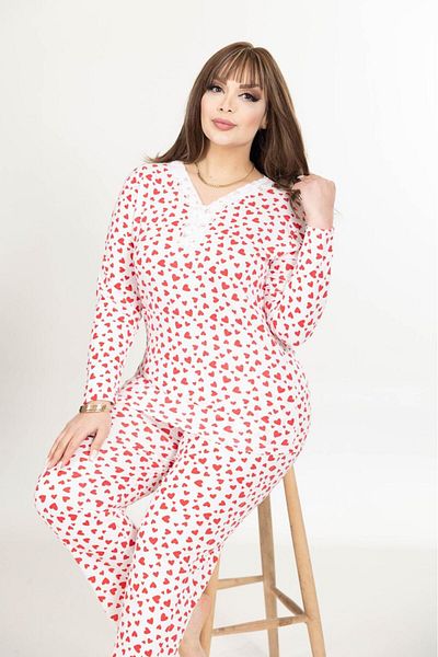 MEBA Women's White Red Heart Large Size Collar Buttoned Long Sleeve Combed Cotton Mother Pajama Set